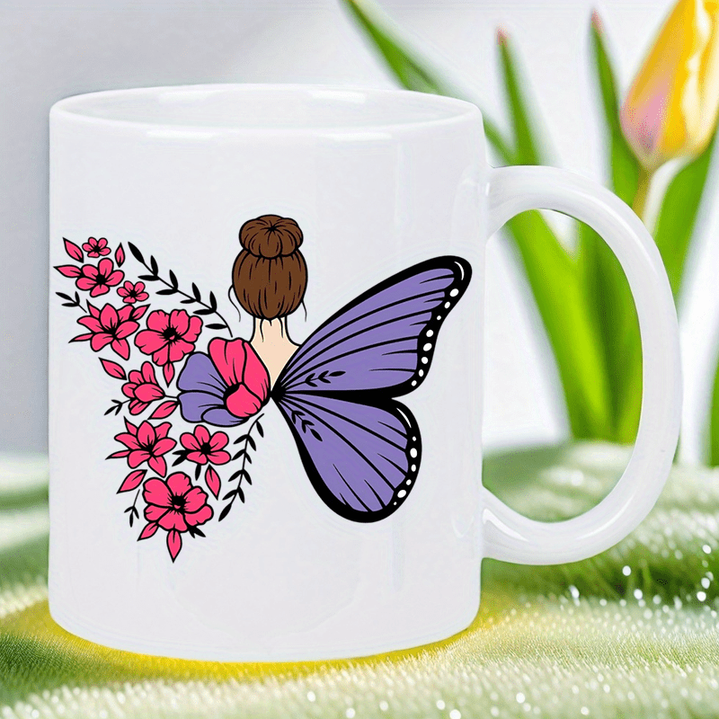 Morning Tea Coffee - Weiße Keramiktasse mit Schmetterlingen und Blüten
