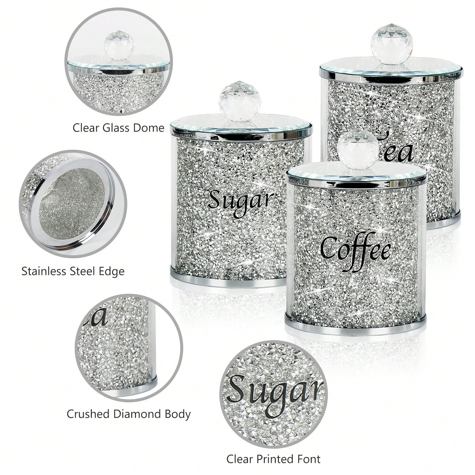 Coffee Tea And Sugar Canister Set - Kaffee-Zucker-Tee-Dosen-Set, glitzerndes, diamantgeschliffenes Küchen-Aufbewahrungsset, 4-teiliges Set